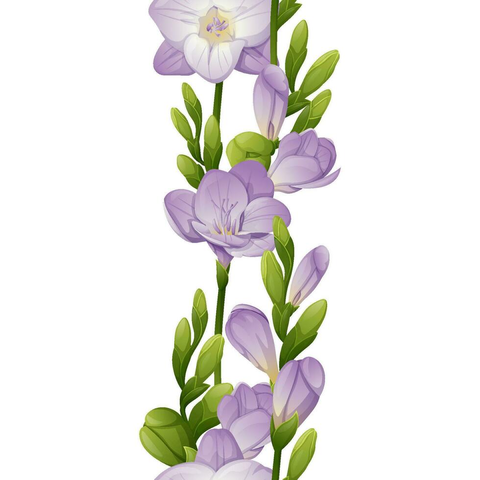 vertikal sömlös gräns med lila fresia blommor och grön knoppar. blommig prydnad med lila blommor. botanisk blomma illustration för bröllop design, tapet, reklam. vektor