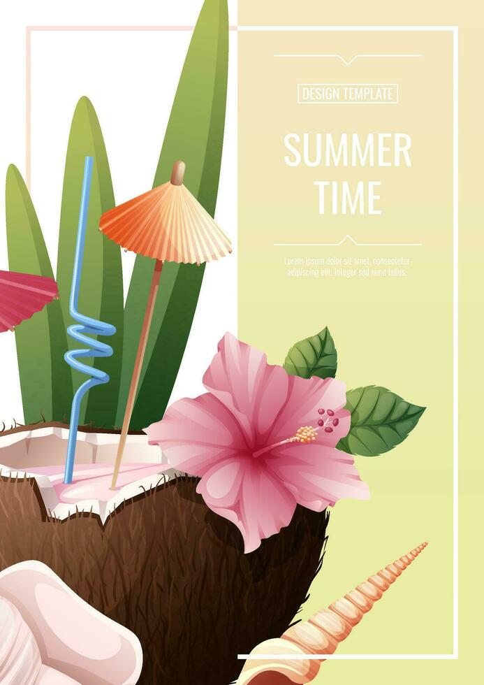 Flyer Vorlage mit Strand Kokosnuss Cocktail und Hibiskus Blumen. tropisch Urlaub, Sommer- Urlaub. Banner, Poster mit Strand Getränke a4 Größe. vektor