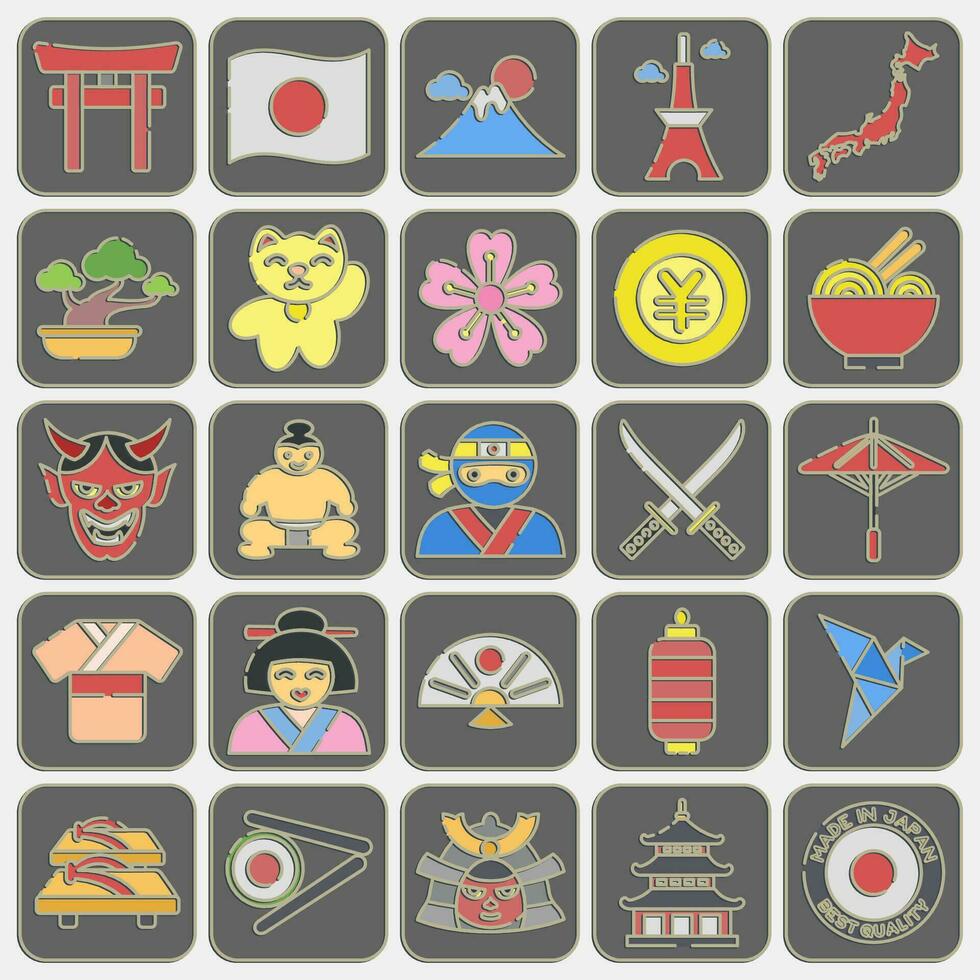 Symbol einstellen von Japan. Japan Elemente. Symbole im geprägt Stil. gut zum Drucke, Poster, Logo, Werbung, Infografiken, usw. vektor