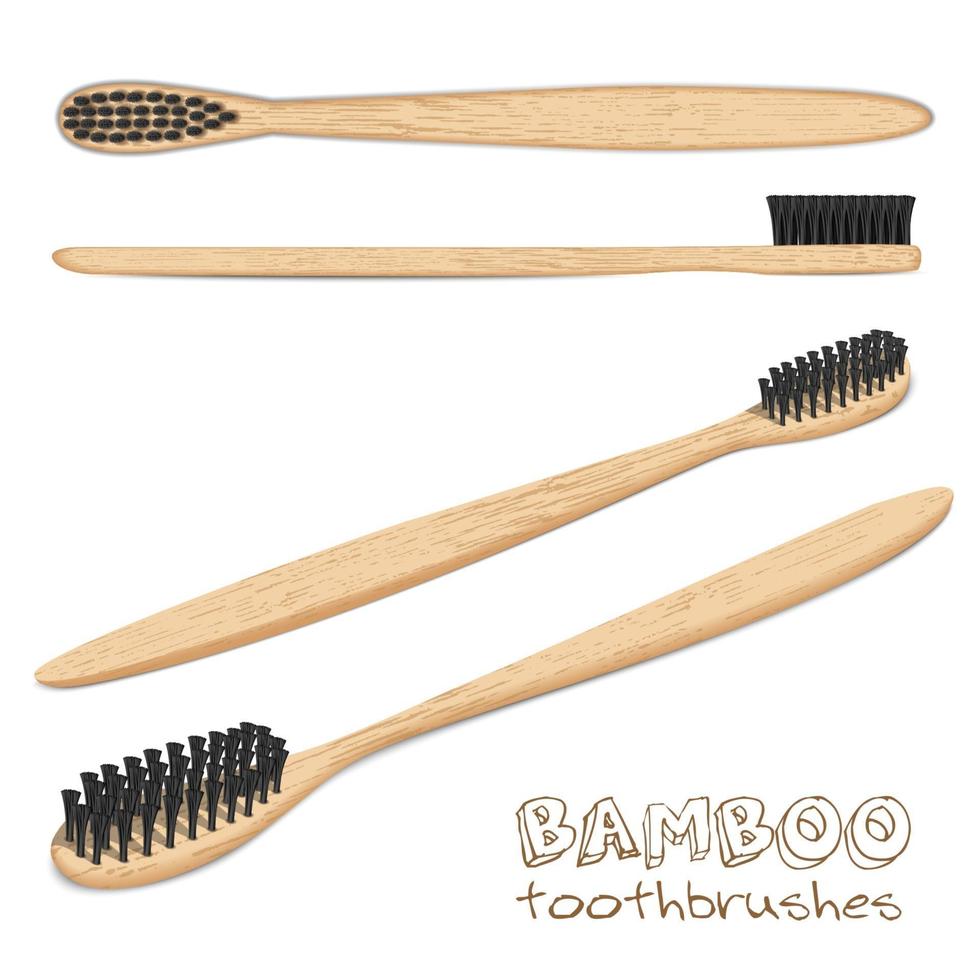 bambu tandborstar. kolborstsats, svarta borst. träkol. biologiskt nedbrytbart material. vektor