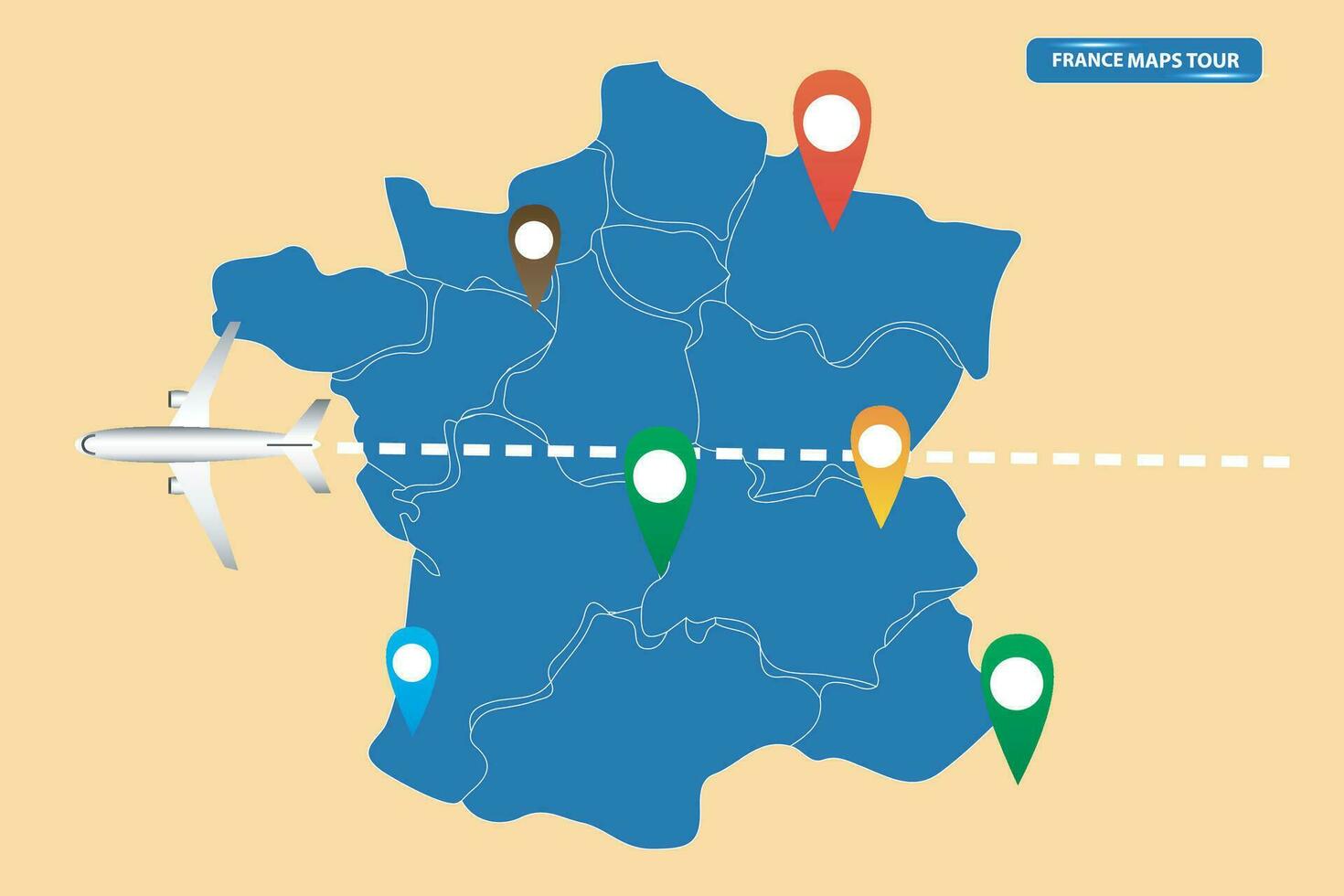 Karta av plats av Frankrike med plan flygande över dess territorium mot de destination vektor illustration