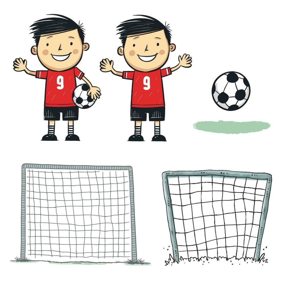 Fußball Torwart, Tor Netz, Fußball Ball Sammlung Vektor Illustration, Karikatur Kinder handgemalt Stil