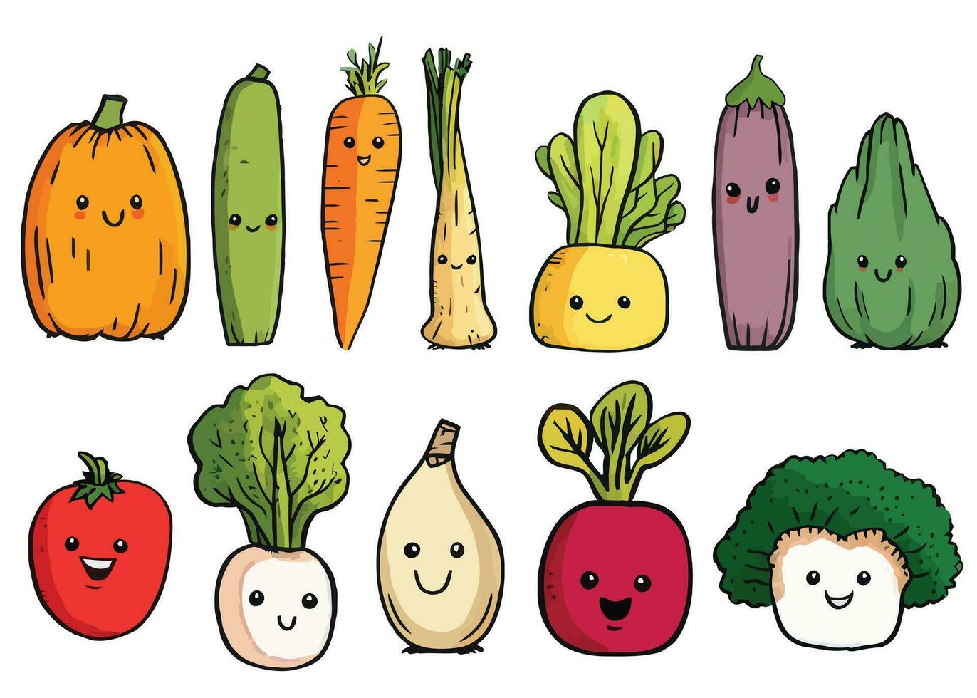 süß Gemüse einstellen Vektor, Gemüse mit Gesicht, Karikatur Hand gezeichnet Gemüse Sammlung. Kinder komisch Illustration vektor