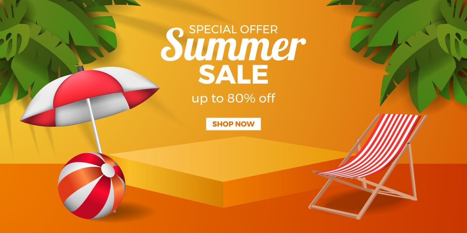 sommarförsäljnings erbjudande banner med piedestal display med orange bakgrund vektor