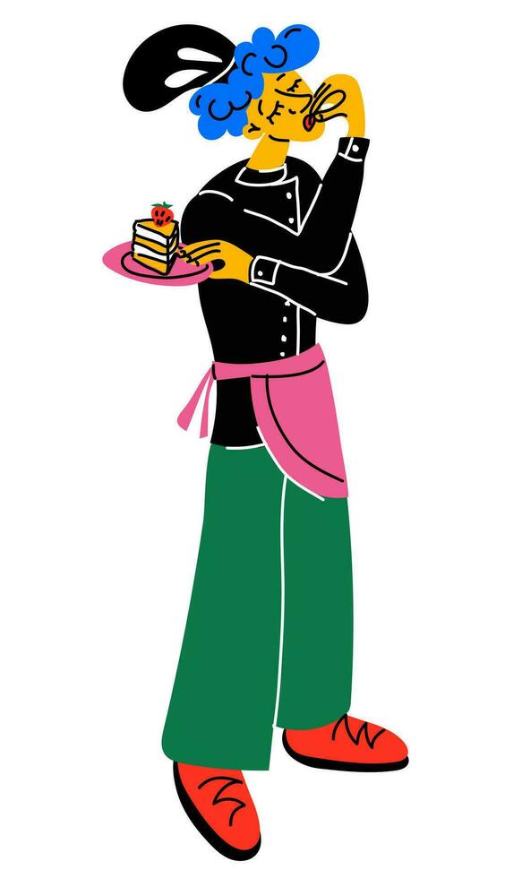 ein Illustration von ein jung abstrakt hell Italienisch Koch. modern hell Stil. ein jung Küche Arbeiter. ein Charakter mit ein Stück von Kuchen zum ein saftig Design von das Speisekarte von ein Gebäck Geschäft, Cafe, Restaurant vektor