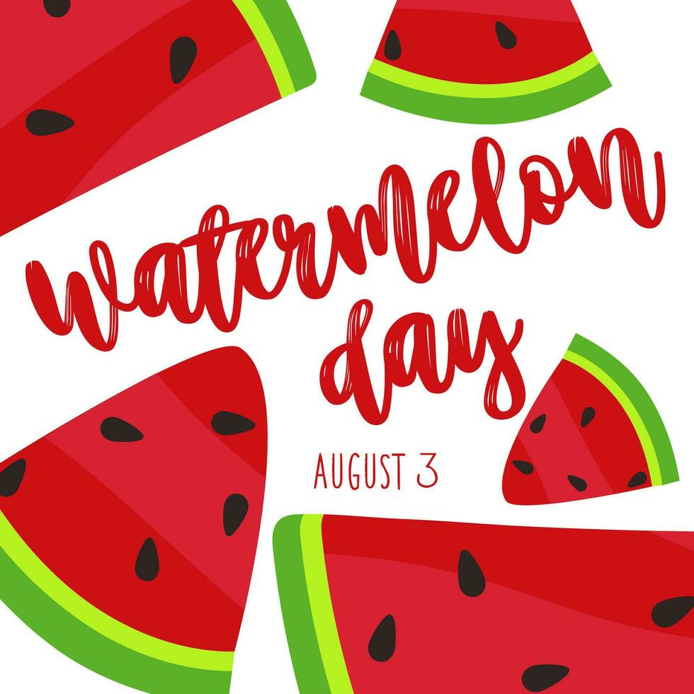 Wassermelone Tag, August 3. Hintergrund mit Herzliche Glückwünsche zum das amerikanisch Urlaub. Karikatur groß und klein Wassermelone Scheiben auf ein Weiß. Vektor Illustration zum Poster, Aufkleber, Banner, Postkarte