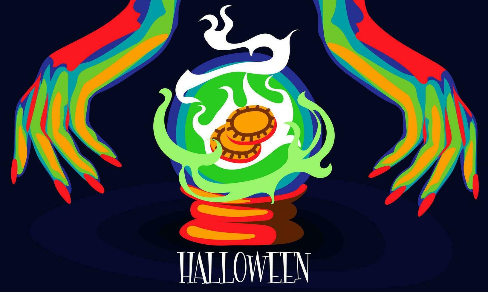 Illustration von ein Hexe Hände mit ein Magie Ball, Vermögen Prognose und glücklich Halloween Inschrift zum ein Party Einladung Karte, Poster. das Tag von das tot Banner. Drucken im hell Farben vektor