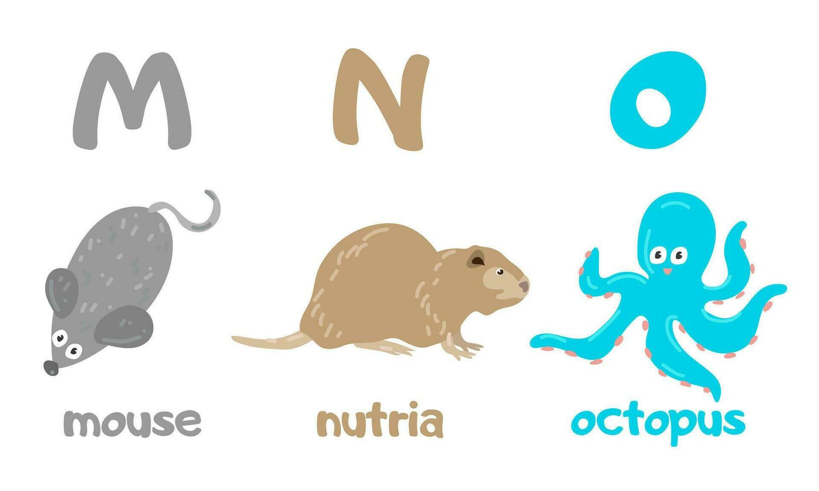 engelsk alfabet med en uppsättning av vektor illustrationer av söt djur. en grupp av isolerat versal brev med djur. barns font för barn ABC bok symboler packa. mus, nutria, bläckfisk