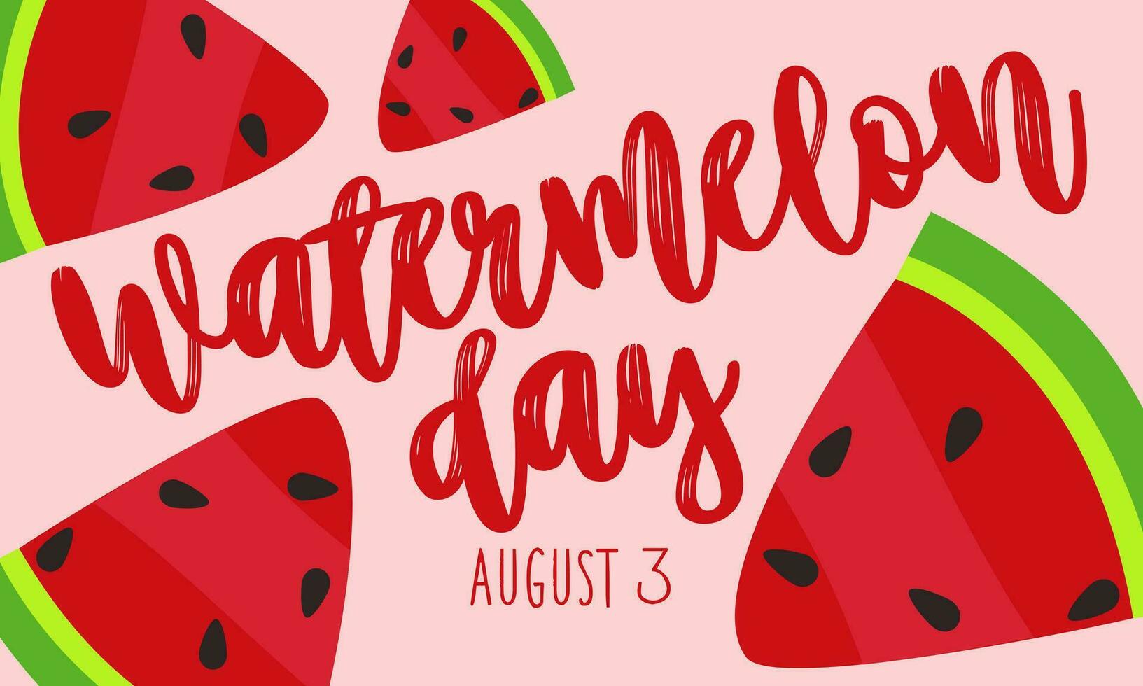 Wassermelone Tag, August 3. Hintergrund mit Herzliche Glückwünsche zum das amerikanisch Urlaub. Karikatur groß und klein Wassermelone Scheiben auf ein Rosa. Vektor Illustration zum Poster, Aufkleber, Banner, Postkarte