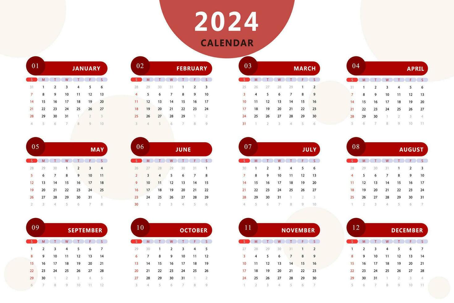 en gång i månaden kalender mall av år 2024. vektor design