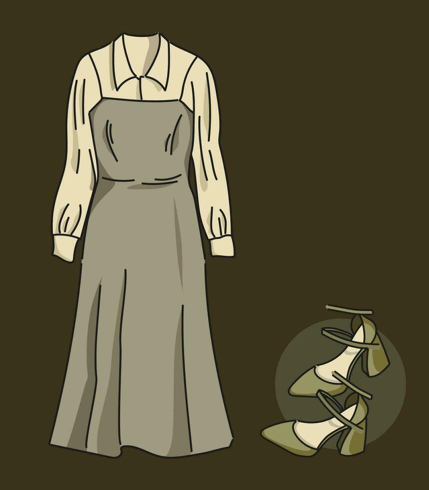 Frauen s Kleid ist elegant im retro Stil, Bluse mit Rüschen und hochhackig Schuhe . Minimalismus und modisch Kleider zum Mädchen. Illustration zum Shops, Werbung, Websites und Banner vektor