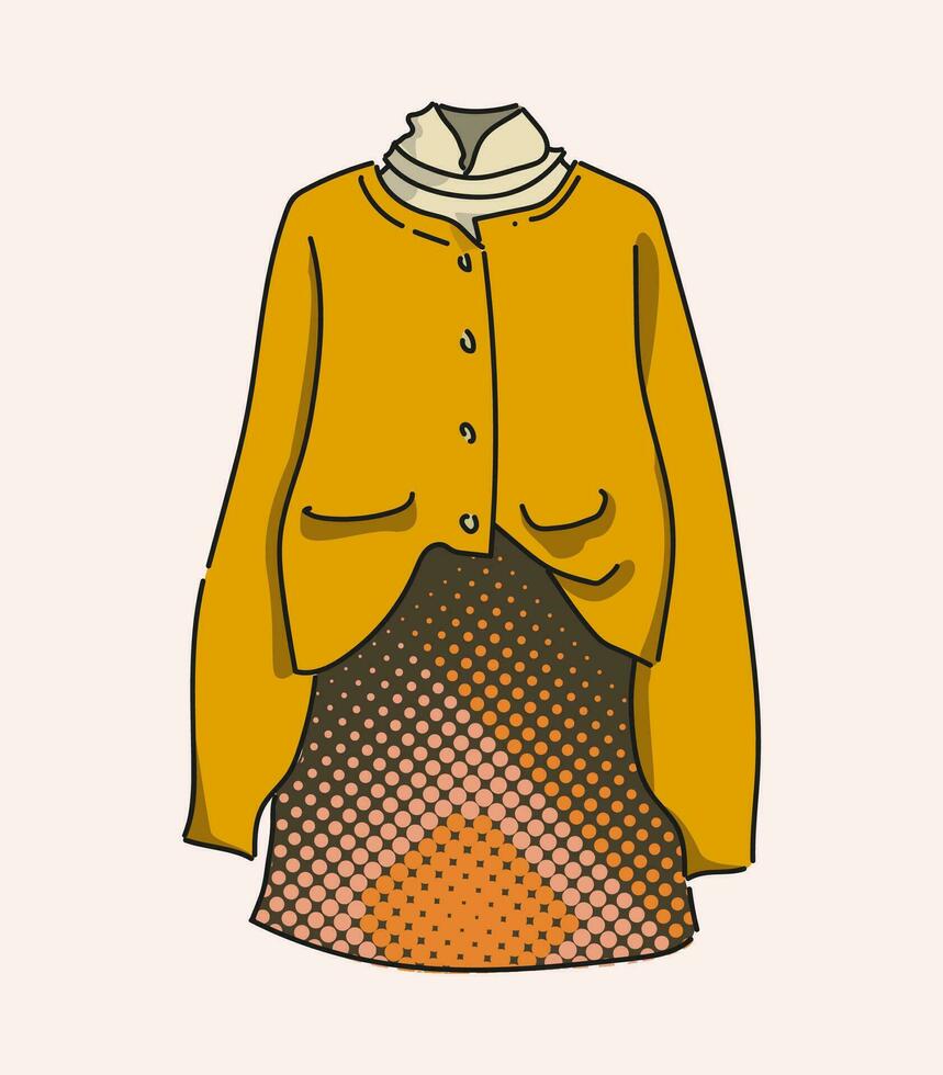 Strickjacke Jacke mit Rock, Herbst sehen, Ocker Farbe. Illustration zum Zeitschriften und Geschäfte vektor