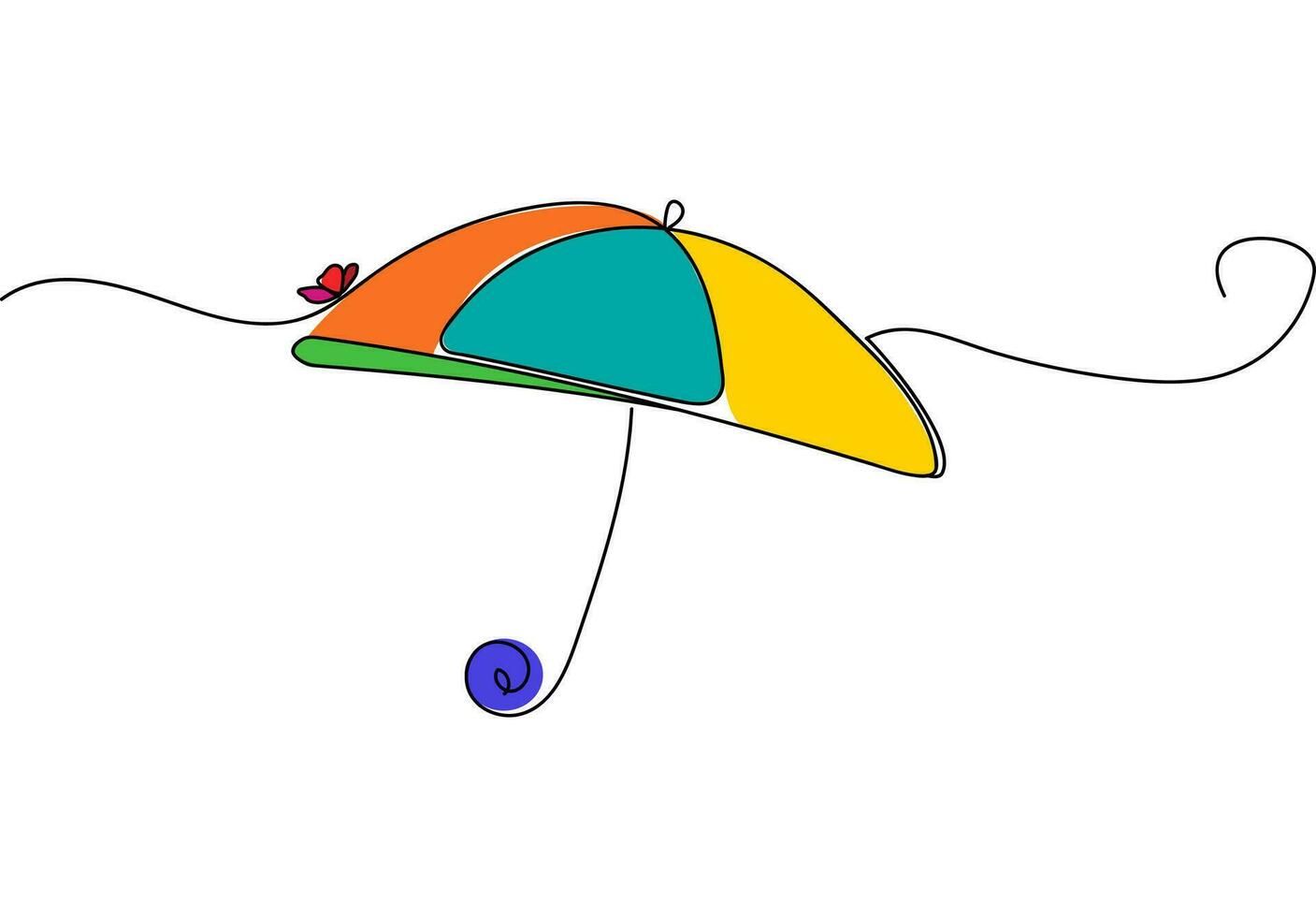 Regenbogen Regenschirm gezeichnet mit einer Linie. ein wenig Schmetterling. saisonal Artikel zum Mode. lineart Vektor zum Banner, Logo und Website