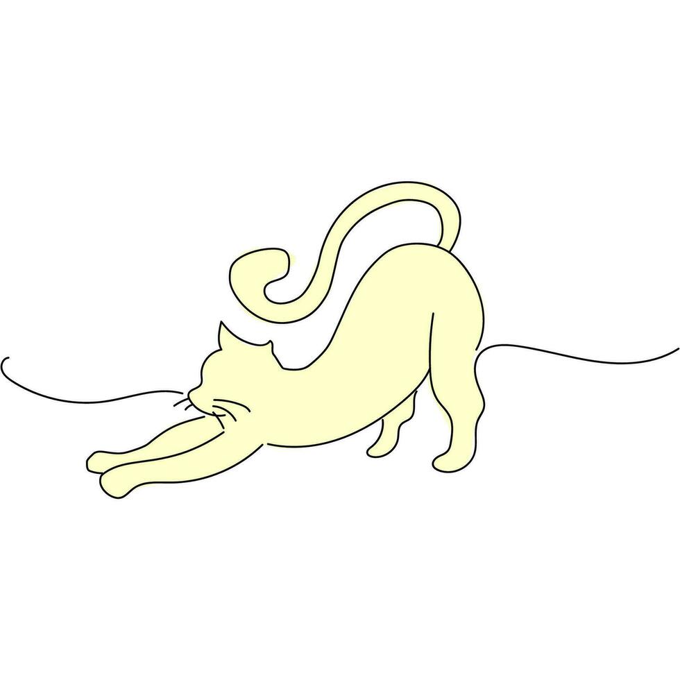 katt linje konst design illustration mall. söt silhuett av katt. gul katt gäspar sträcker sig. vektor