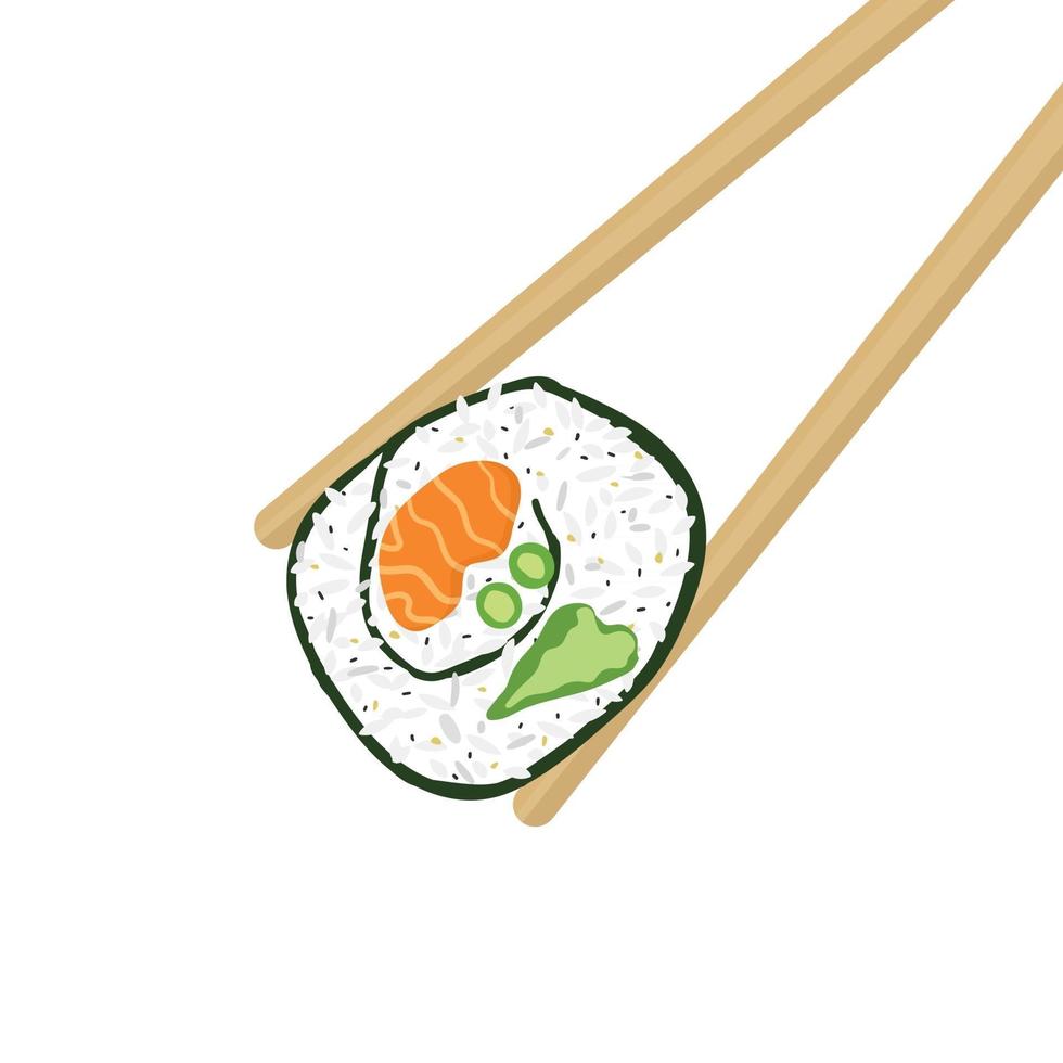 Holzstäbchen und Sushi-Rolle auf weißer Hintergrundillustration vektor