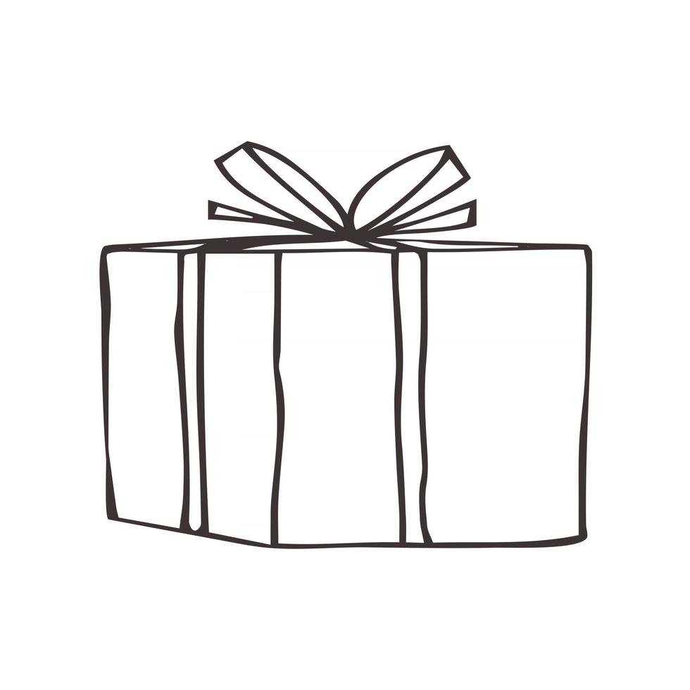 Geschenkbox mit niedlicher Schleife im Skizzen-Doodle-Stil schwarz-weiß handgezeichnete Vektor-Illustration isoliert auf weißem Hintergrund Umriss-Symbol der Urlaubsgeschenkbox Urlaub Weihnachten Geburtstagsfeier Geschenk Überraschung vektor