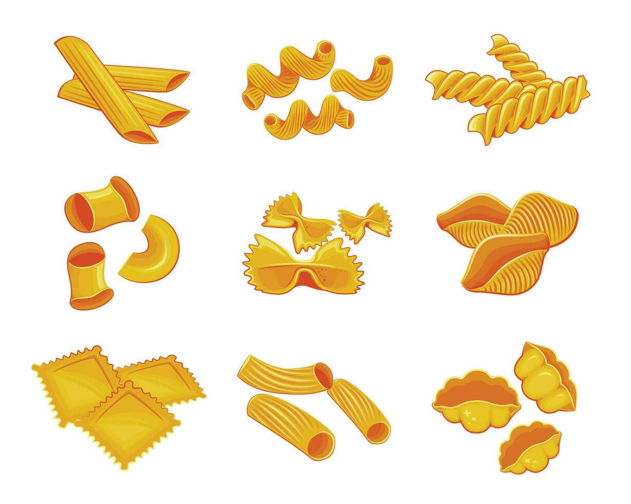 annorlunda typer av italiensk pasta isolerat på vit bakgrund pasta uppsättning vektor