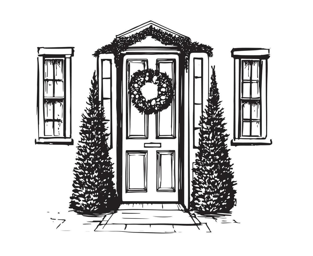 dörr dekoration, jul kort affisch baner, vektor, hand dragen illustration. vektor