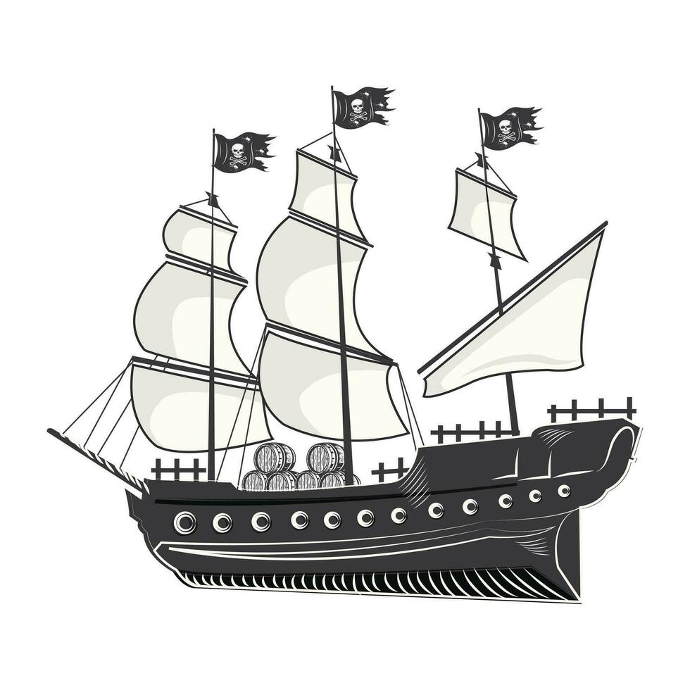 Karikatur Pirat Schiff. hölzern Korsar Karavelle Segeln unter schwarz Segel Profi Vektor
