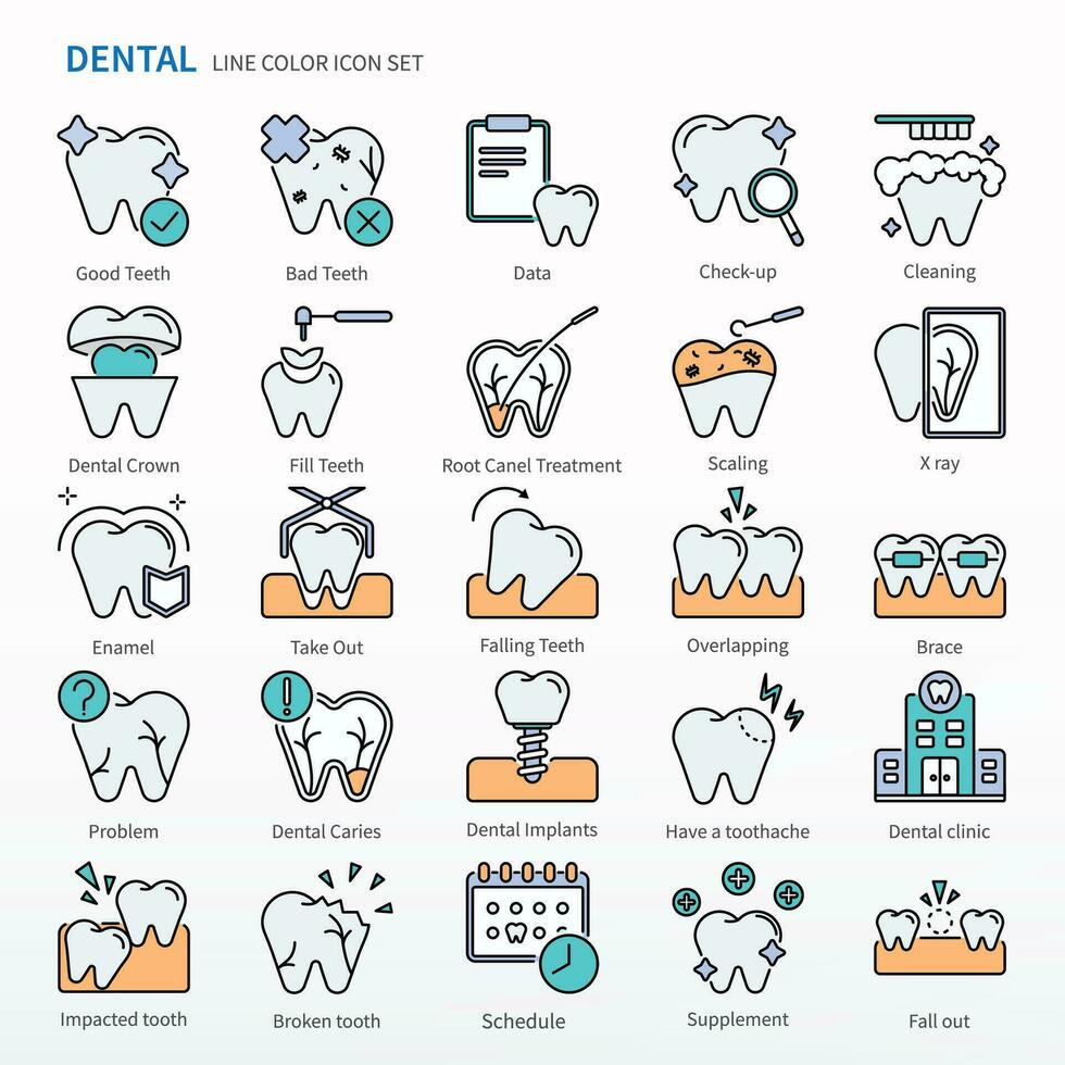 Dental Symbol einstellen - - Farbe Linie Symbole. gleich wie prüfen hoch, Reinigung, Dental Krone, füllen Zähne, Wurzel canel Behandlung, Skalierung, x Strahl, nehmen aus, fallen Zähne, überlappend, befestigen, usw. vektor