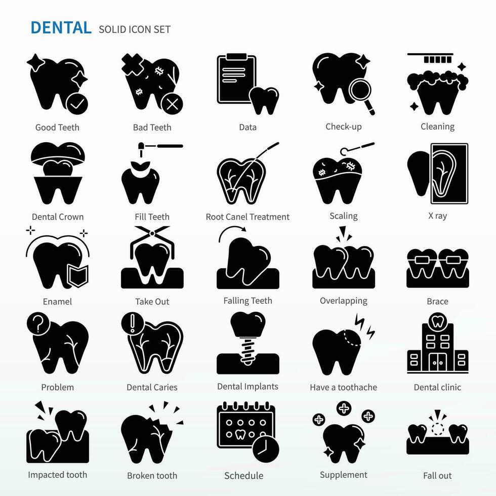 dental ikon uppsättning - fast ikoner. samma som kolla upp upp, rengöring, dental krona, fylla tänder, rot kanel behandling, skalning, x stråle, ta ut, faller tänder, överlappande, spänna, etc. vektor