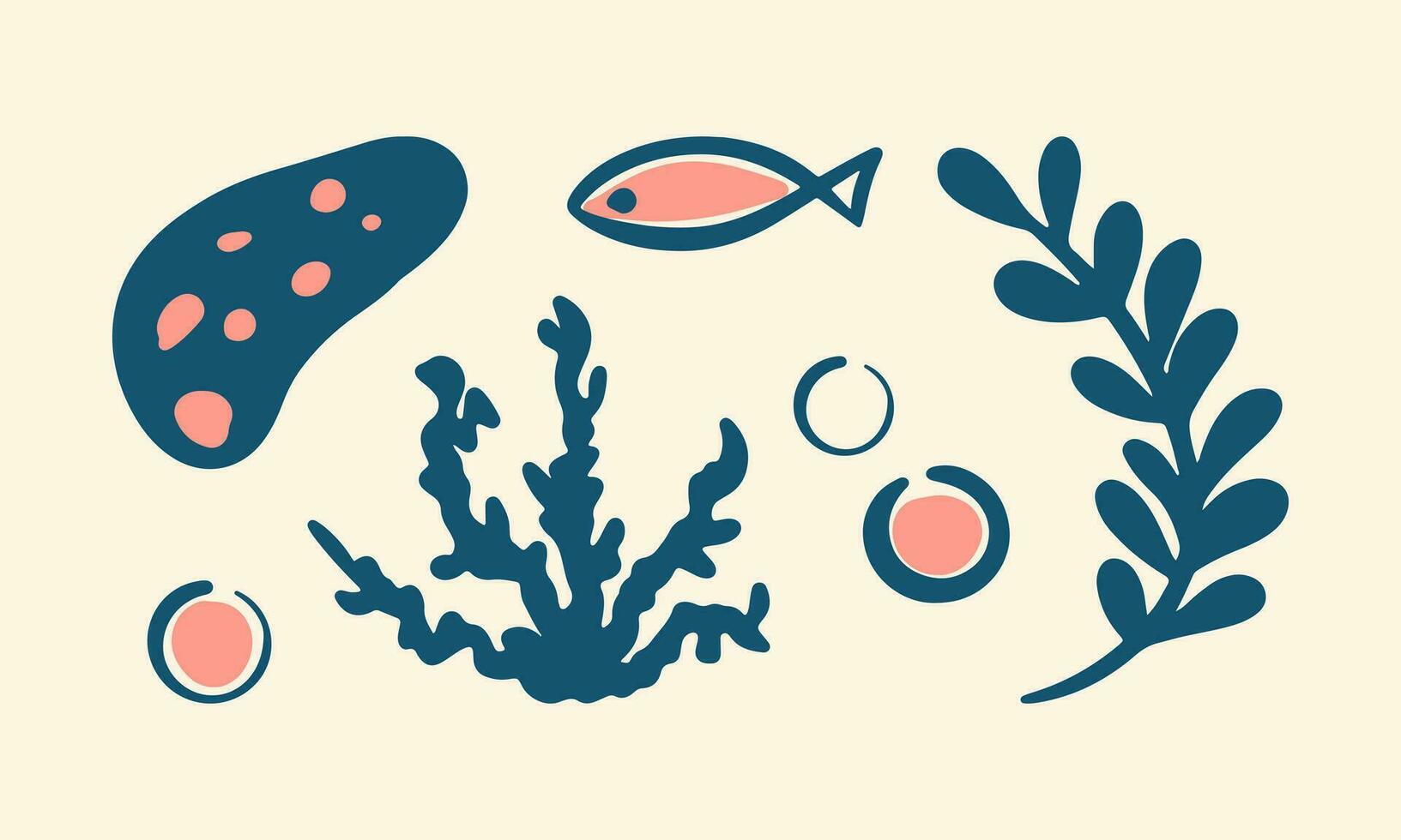 Marine Elemente von das unter Wasser Welt, Muscheln, Korallen, Fisch, Algen, Blasen, Vektor Illustration im eben Stil, Minimalismus