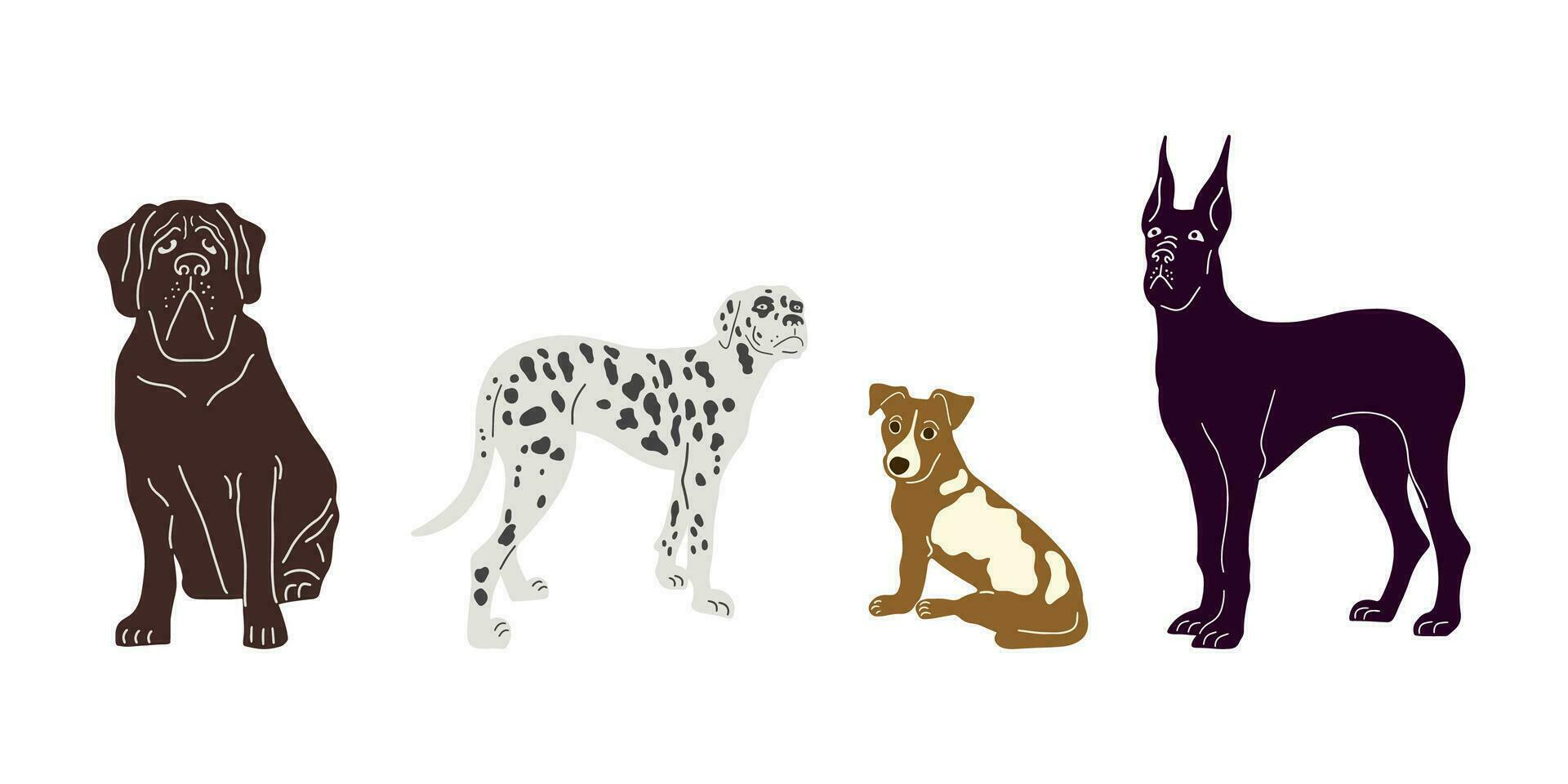 Hunde sind Haustiere. einstellen von verwundet Hunde. Vektor Illustration von ein Dalmatiner und andere Hunde. Minimalismus.