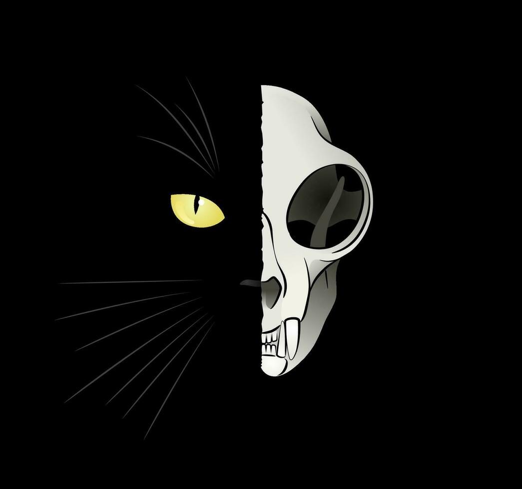 kvant katt - död och levande. kattdjur huvud dividerat till 'Levande' och 'död' halvor. illustration på de ämne av en paradox i kvant fysik. vektor
