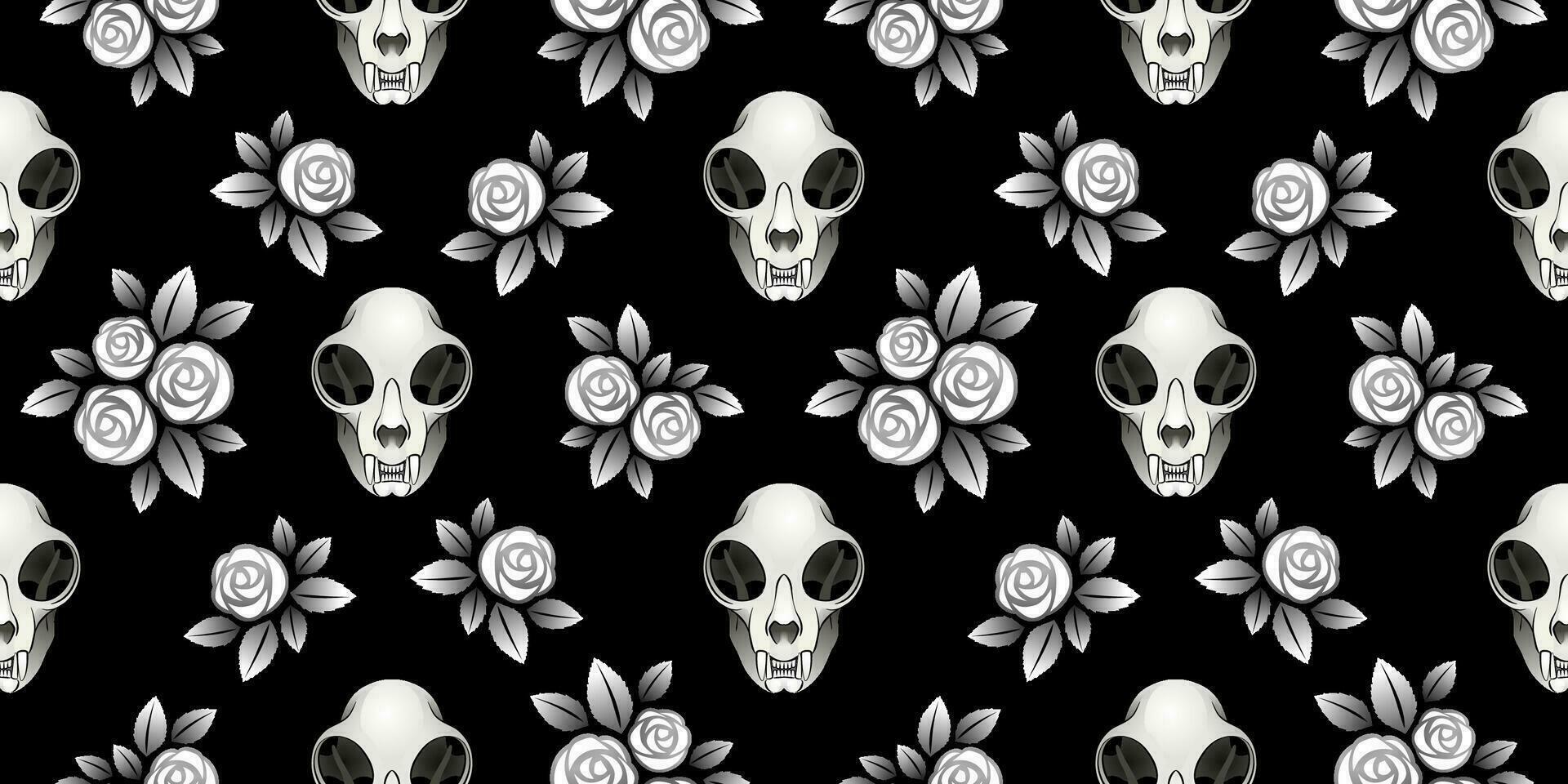 mehrere Katze Leben. Vektor nahtlos Muster gebildet von Katze Schädel und Rose Blumen auf ein schwarz Hintergrund.