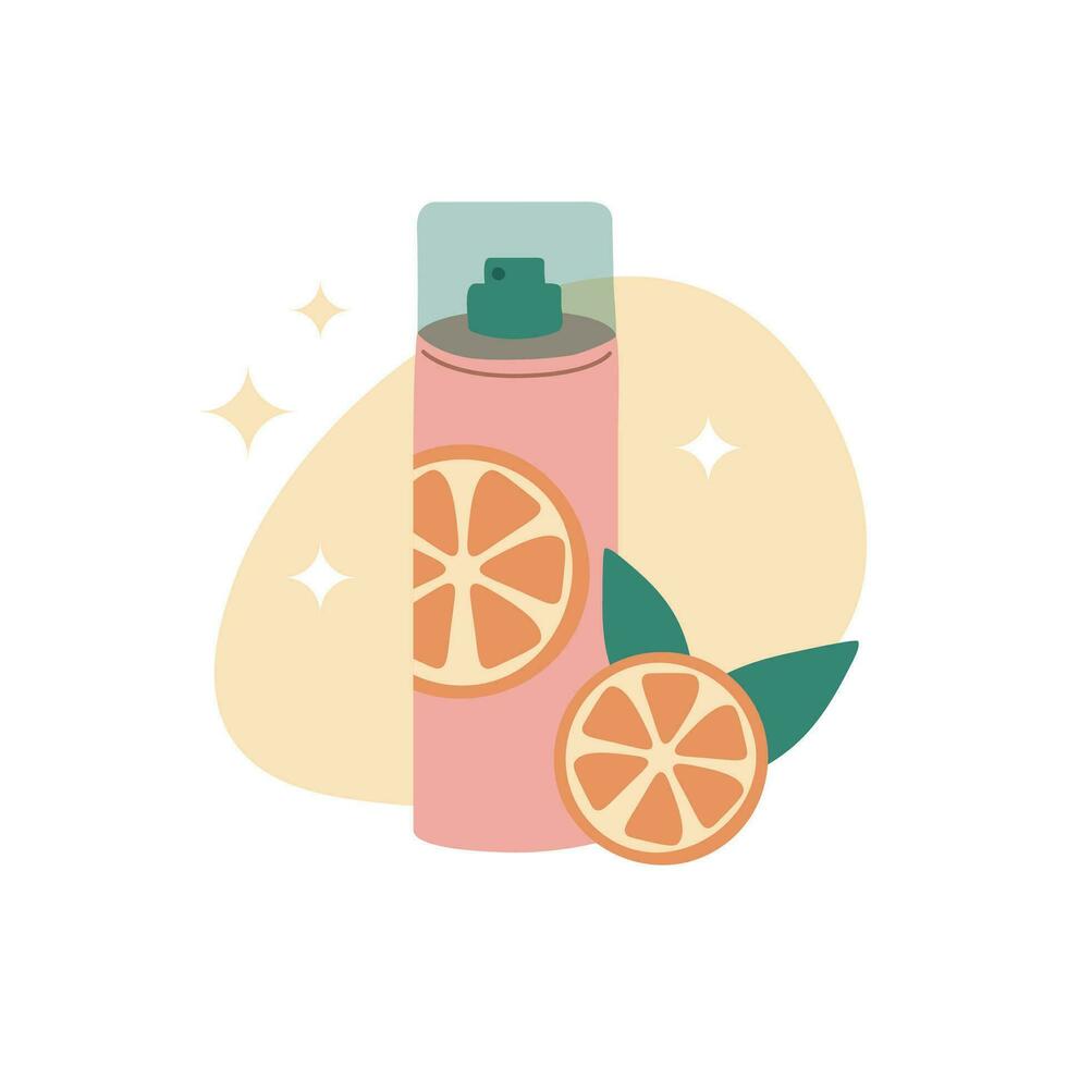 kosmetisk spray med orange extrahera. naturlig hud vård produkt. organisk kosmetika begrepp. eco deodorant. platt vektor illustration