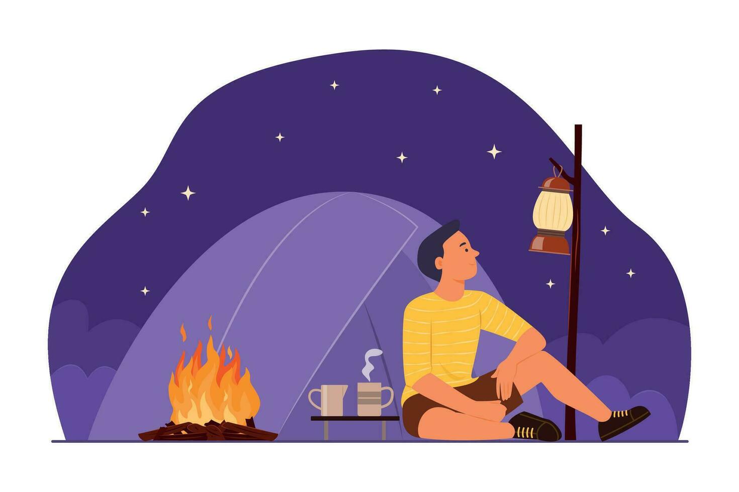 Mann Camping allein auf Nacht Zeit und Sitzung in der Nähe von Lagerfeuer im Vorderseite von ein Camping Zelt vektor