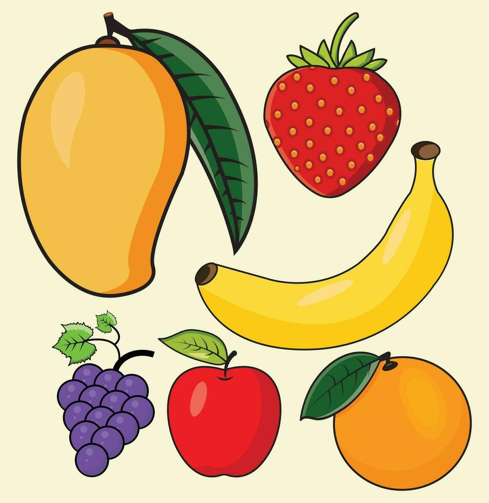 färgrik frukt vektor uppsättning mango, jordgubbe, banan, druva, orange, och äpple konst samling uppsättning