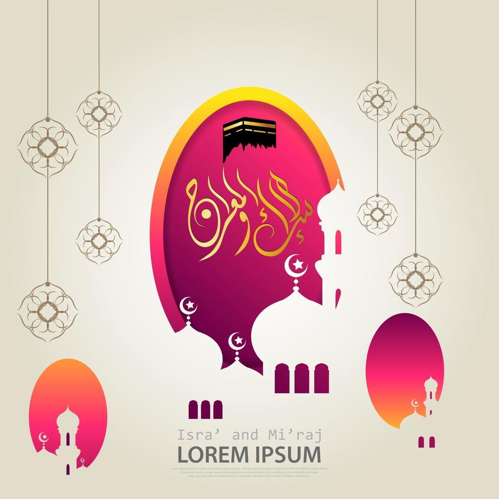 Illustration von isra und miraj die nachtreise des propheten muhammad mit einer goldenen farbe mit einer kombination aus kreisförmigen ornamenten traditionelle grußkarte vektor