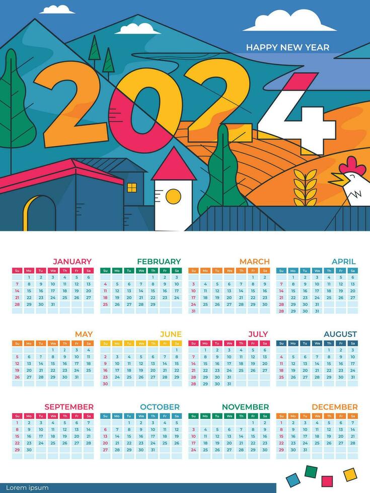 kalender 2024 design med modern illustration vektor