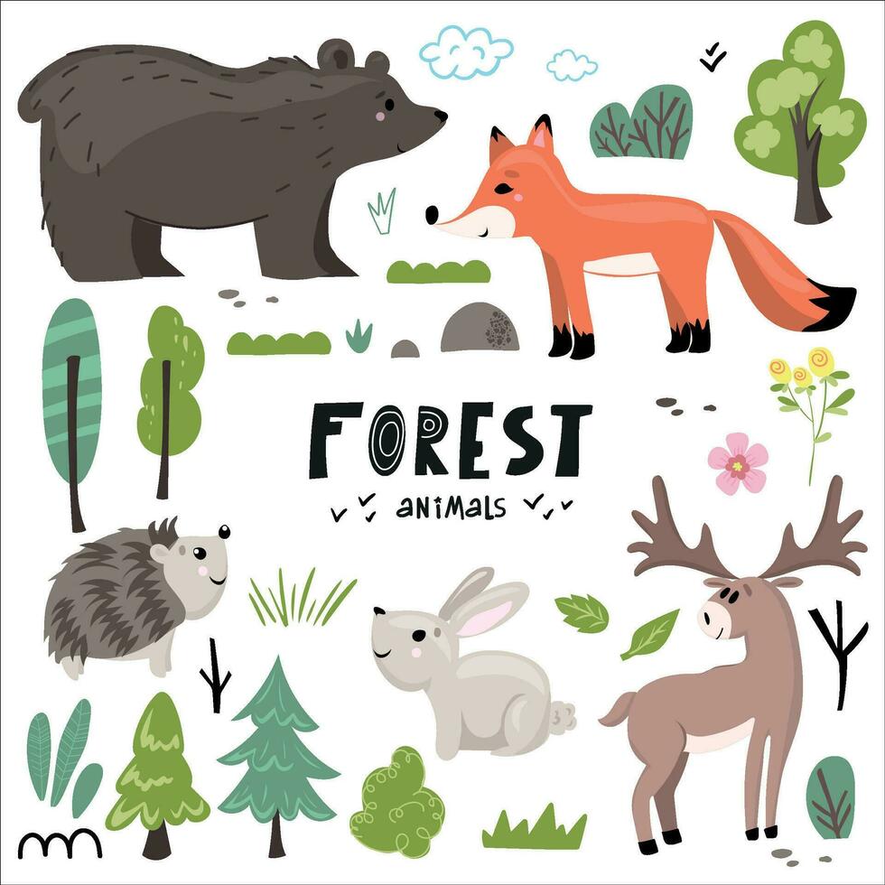 uppsättning av skog djur tillverkad i platt stil vektor. Zoo tecknad serie samling för barn bok och affischer. Björn, räv, här, hasgehog, rådjur vektor