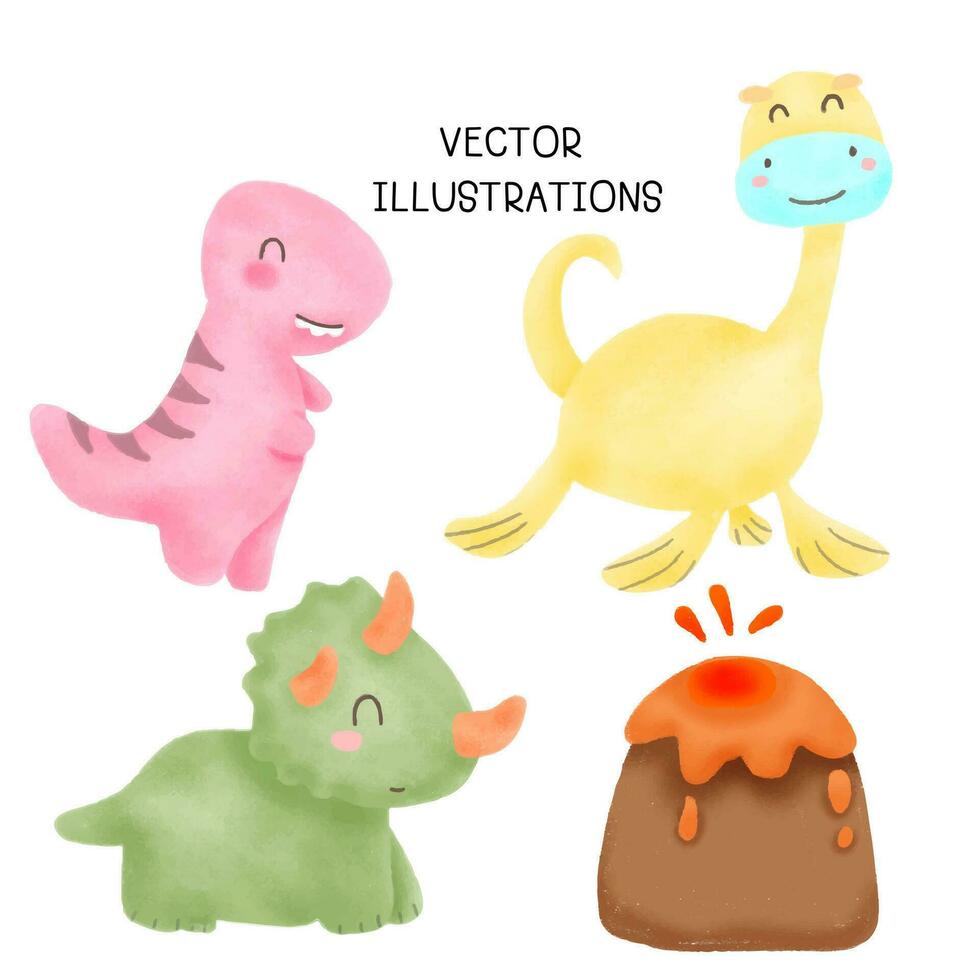 Sammlung von süß Gekritzel Dinosaurier mit Aquarell Illustration vektor