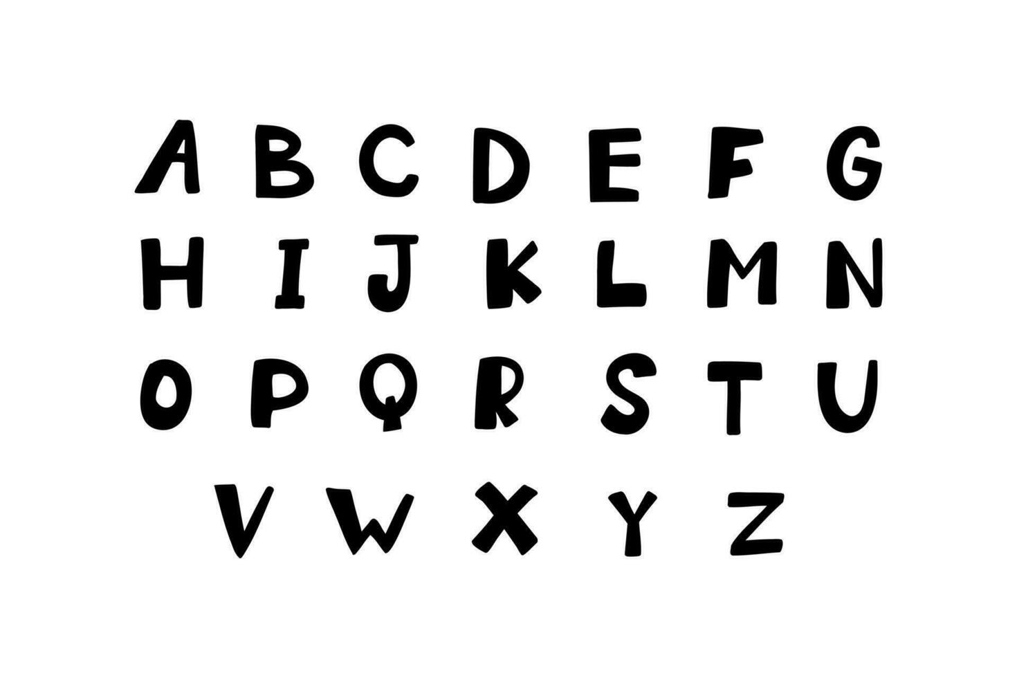 lösa text svart engelsk latin ABC alfabet font en till z. vektor illustration i hand dragen klotter stil isolerat på vit bakgrund. för bröllop inbjudan, kort, logotyp, barn bok, dekorera.