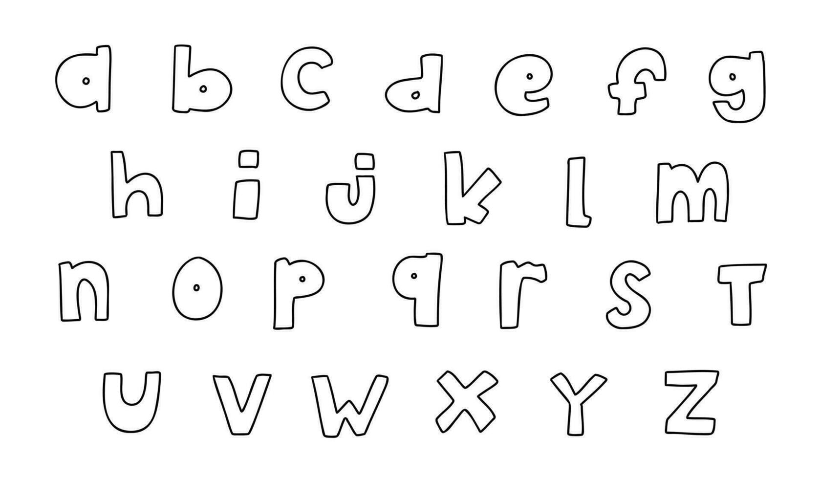 Spaß Zeichen schwarz Englisch Latein ABC Alphabet Schriftart ein zu z. Vektor Illustration im Hand gezeichnet Gekritzel Stil isoliert auf Weiß Hintergrund. zum Karte, Lernen, Kinder Buch, Typografie, Hochzeit Einladung.