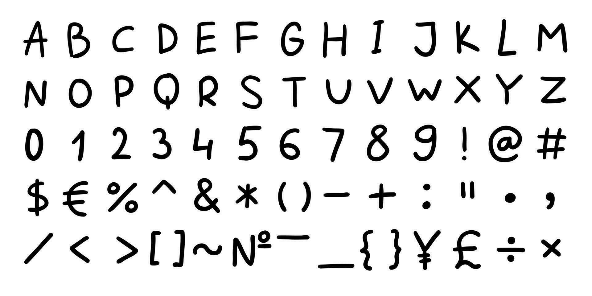 einfach schwarz Englisch Latein ABC Alphabet Schriftart mit Ziffern und Symbole handgeschrieben ein zu z, 0 zu 9 Satz. Vektor Illustration im Gekritzel Stil isoliert auf Weiß Hintergrund. zum Karte, Logo, Typografie.