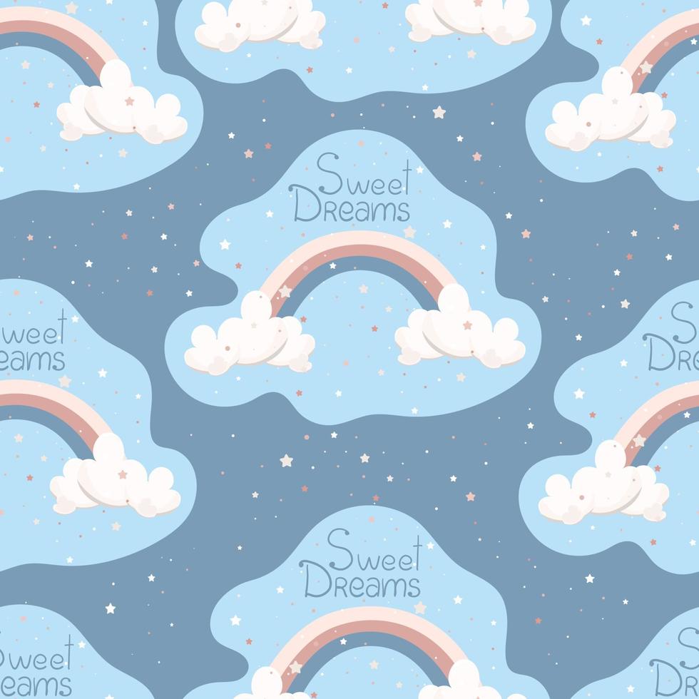 nahtloses Muster mit Wolken und Regenbogen, süßes Babymuster mit Sternenhimmel, Vektorgrafik im flachen Stil vektor