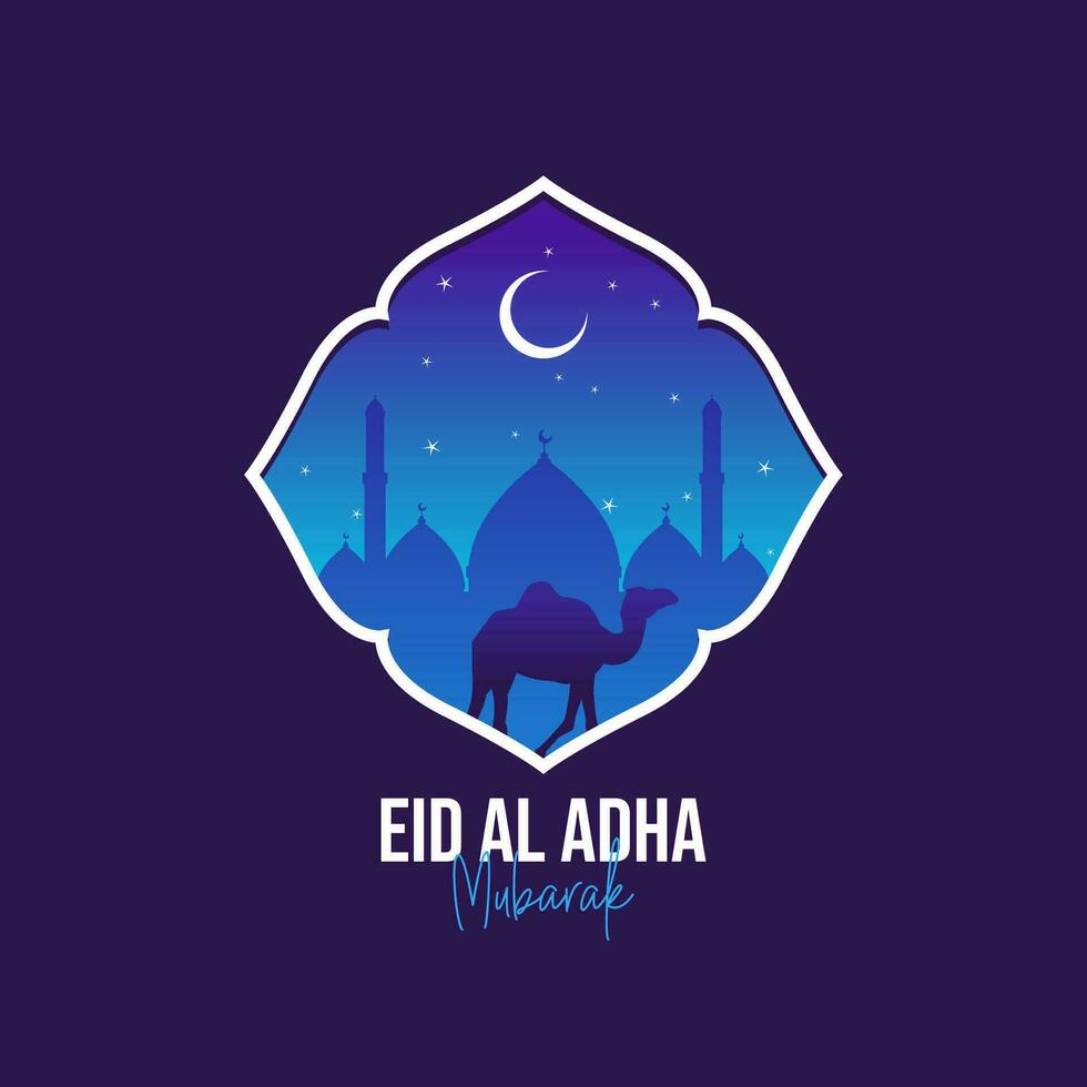 eid al adha mubarak kalligrafi med kamel och måne vektor