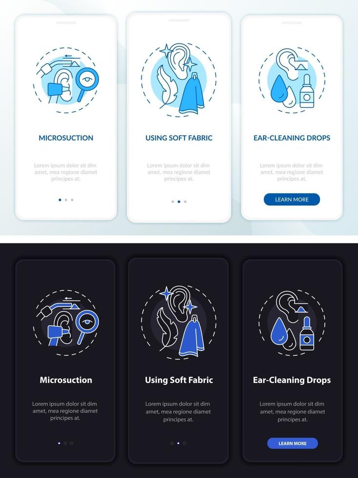 Ohrpflegepraxis Onboarding mobiler App-Seitenbildschirm mit Konzepten vektor
