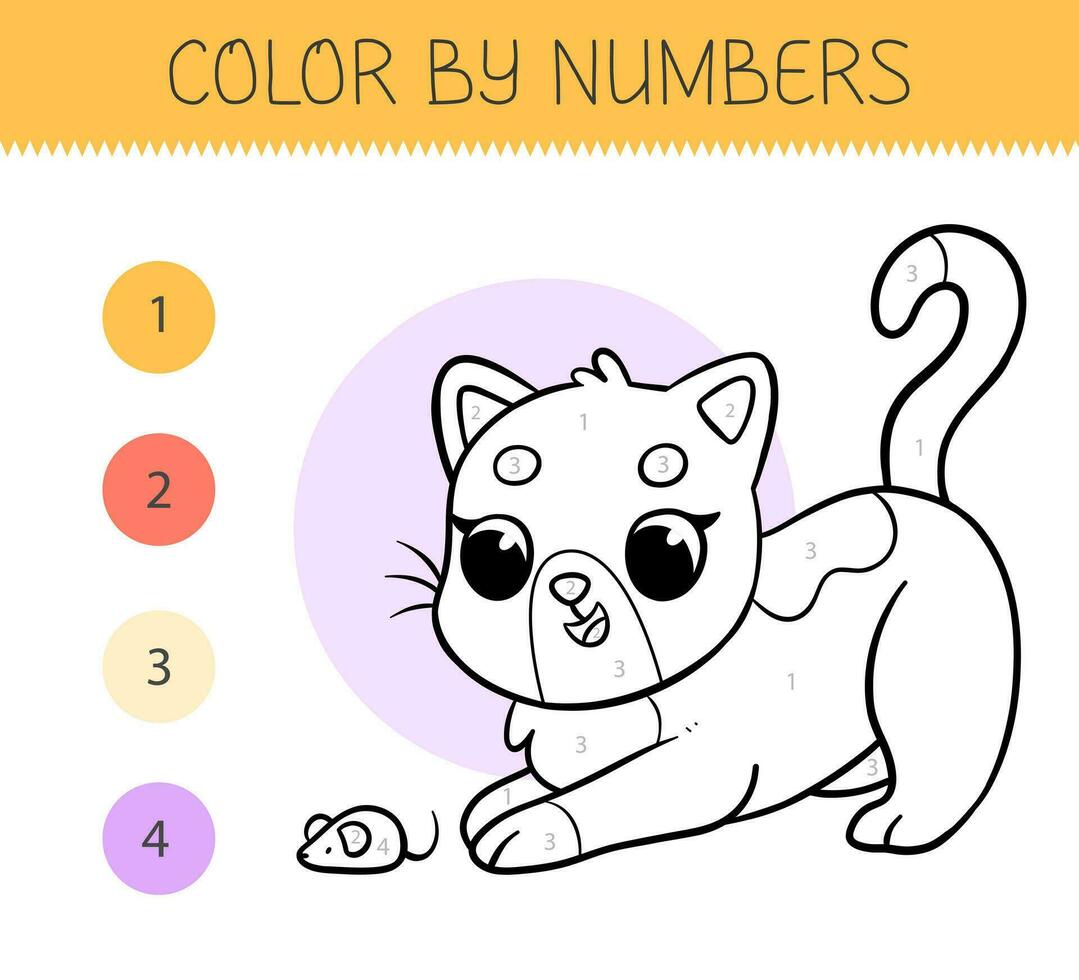 Farbe durch Zahlen Färbung Buch zum Kinder mit süß Katze. Färbung Seite mit Karikatur Katze. einfarbig schwarz und Weiß. Vektor Illustration