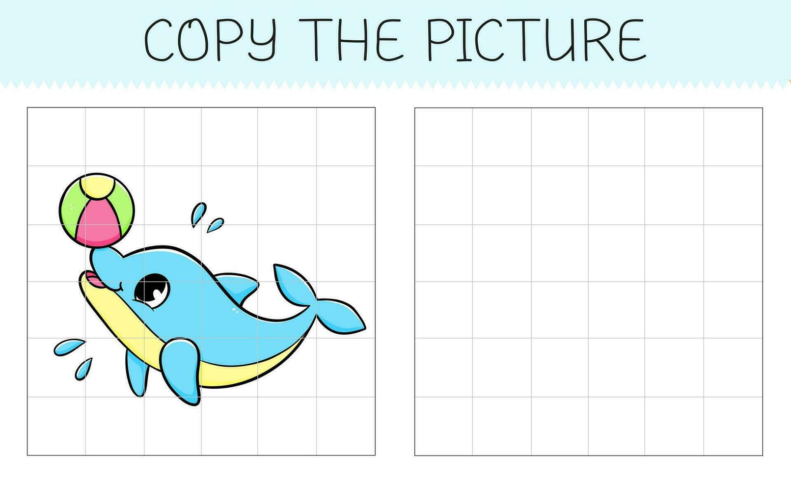 kopia de bild är ett pedagogisk spel för barn med delfin med boll. söt tecknad serie delfin. vektor illustration