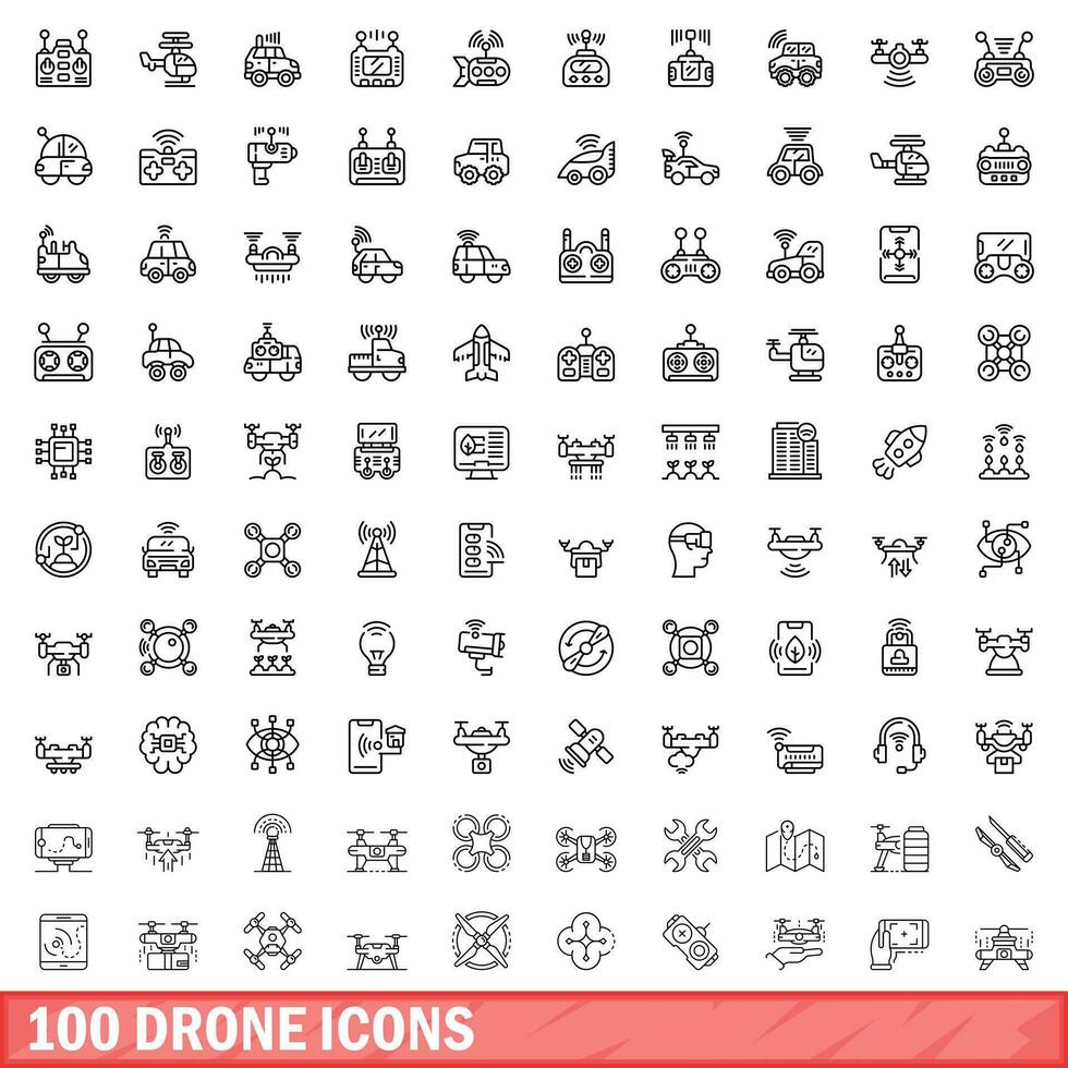 100 Drönare ikoner uppsättning, översikt stil vektor