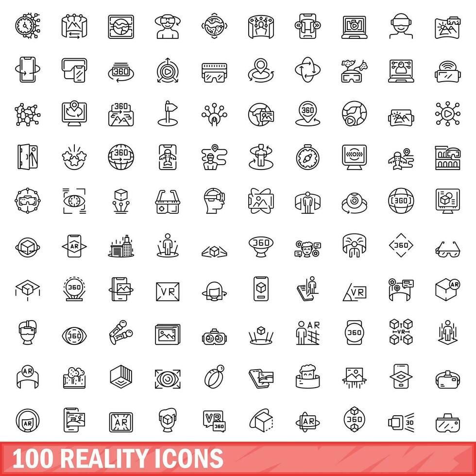 100 verklighet ikoner uppsättning, översikt stil vektor