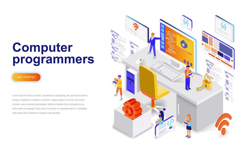 Datorprogrammerare modern platt design isometrisk koncept. Programutveckling och människokoncept. Målsida mall. vektor