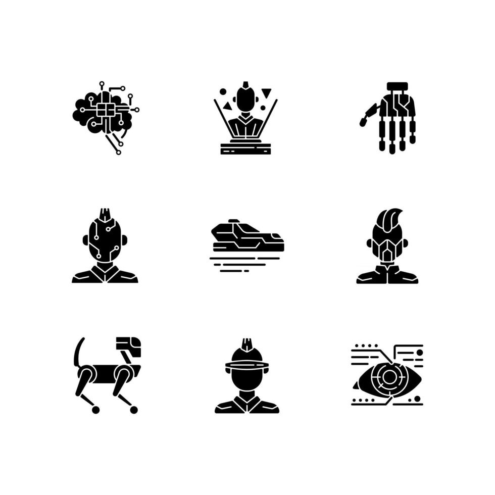 cyberpunk attribut svart glyph ikoner som på vitt utrymme vektor
