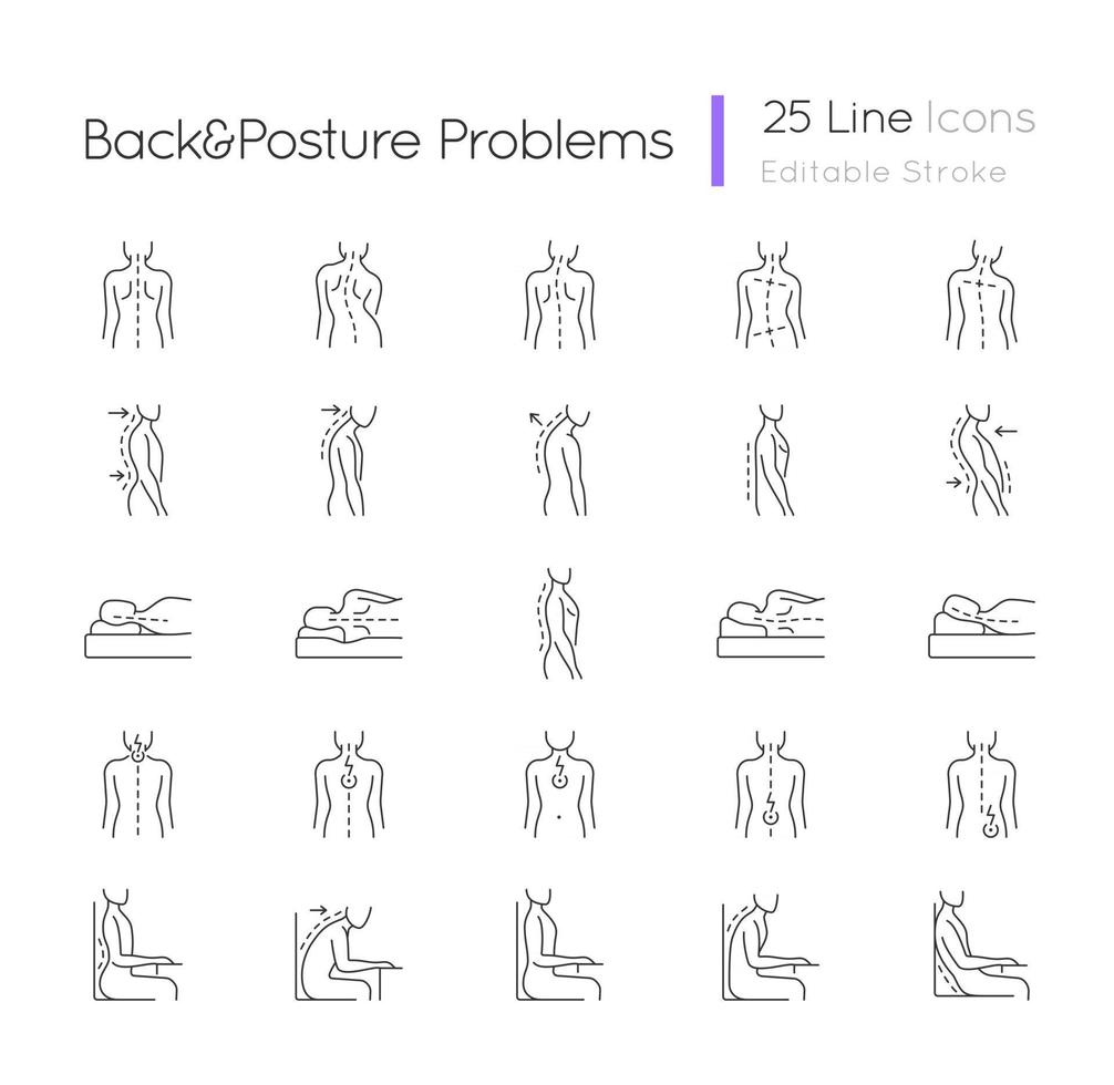 Rücken- und Haltungsprobleme lineare Symbole gesetzt vektor