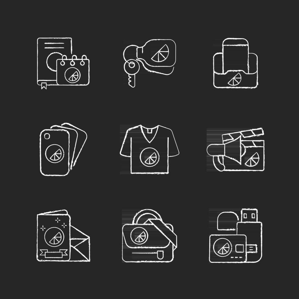 företagets märkesmaterial krita vita ikoner på svart bakgrund vektor